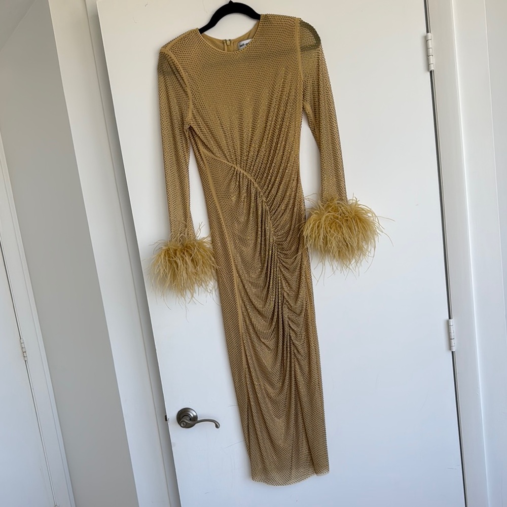 Self-Portrait Tan Ruched Sheath Dress with Feather Sleeves
